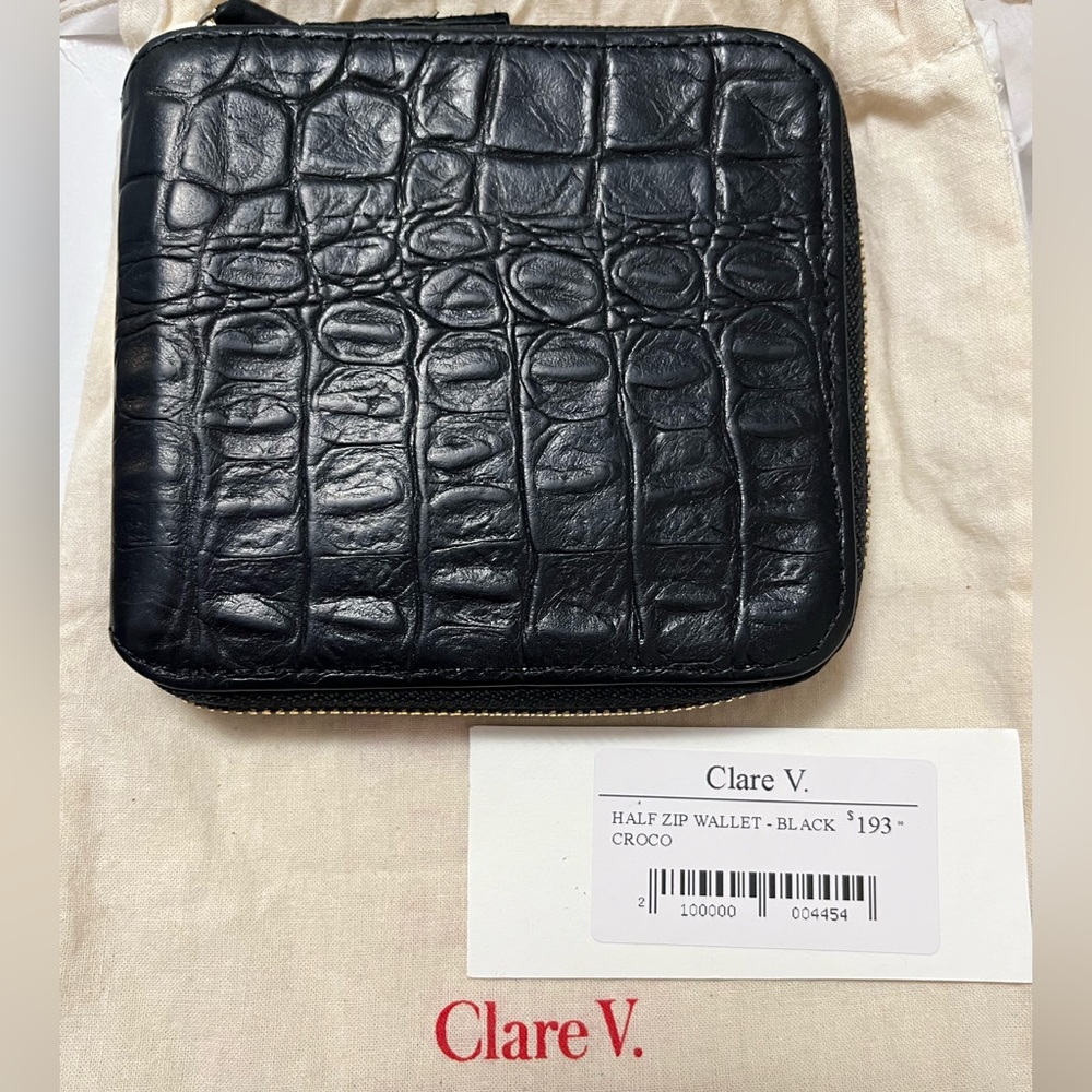 Clare V Half Zip Wallet Black Mock Croc